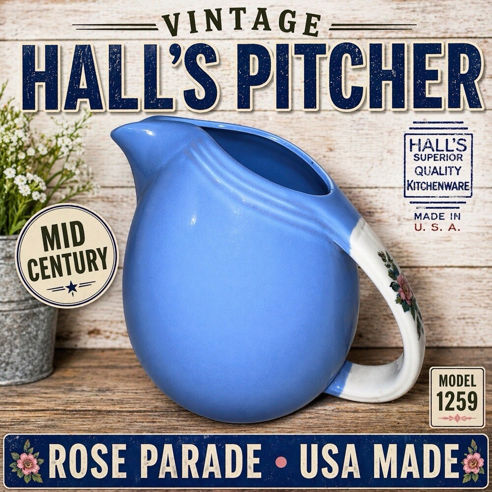 Vintage Hall’s Rose Parade 1259 Blue Water Pitcher 20 oz USA Pottery